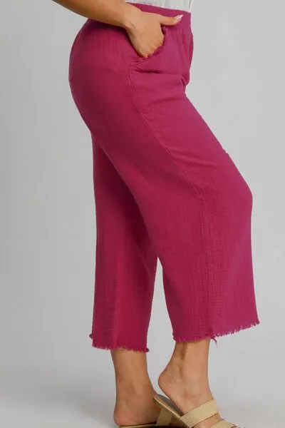 Raw Hem Elastic Waist Wide Leg Pants