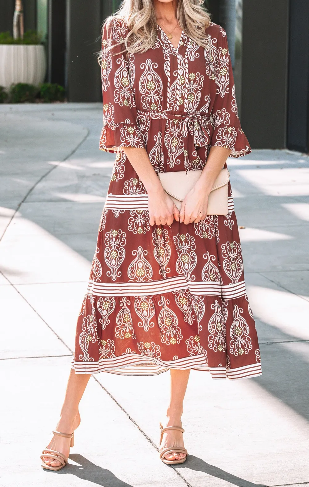 Floral Print Belted Striped Trim Tiered Maxi Dress