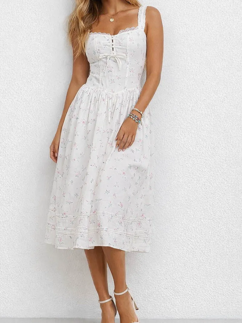 Square Neck Sleeveless Lace Trim Midi Dress
