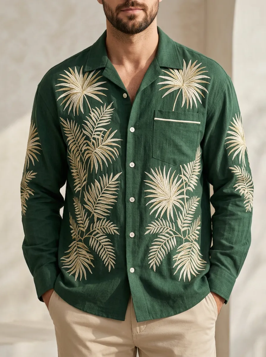 Men's Resort Inspired Palm Leaf Embroidered Long Sleeve Shirt