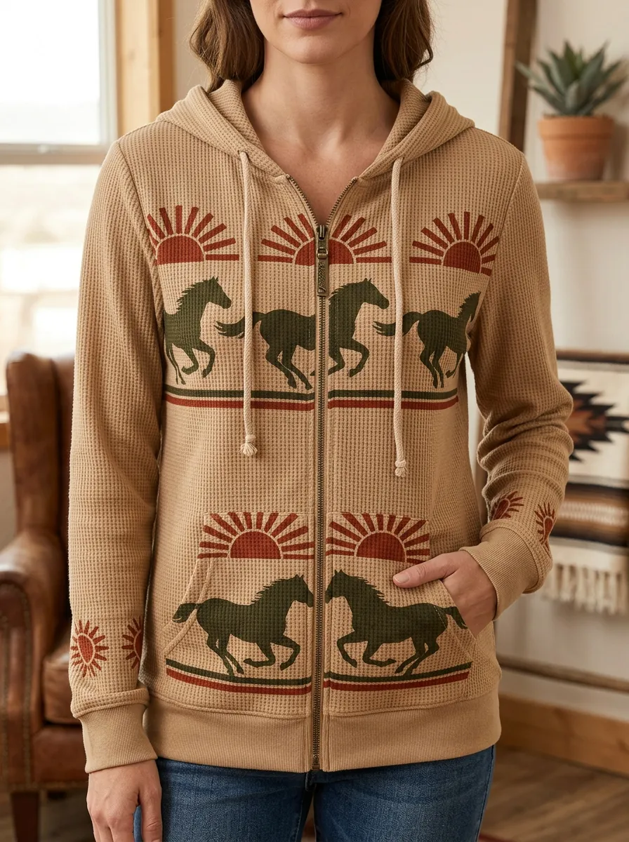 Women's Western Horse Sunset Signature Motif Waffle Zip-Up Hoodie