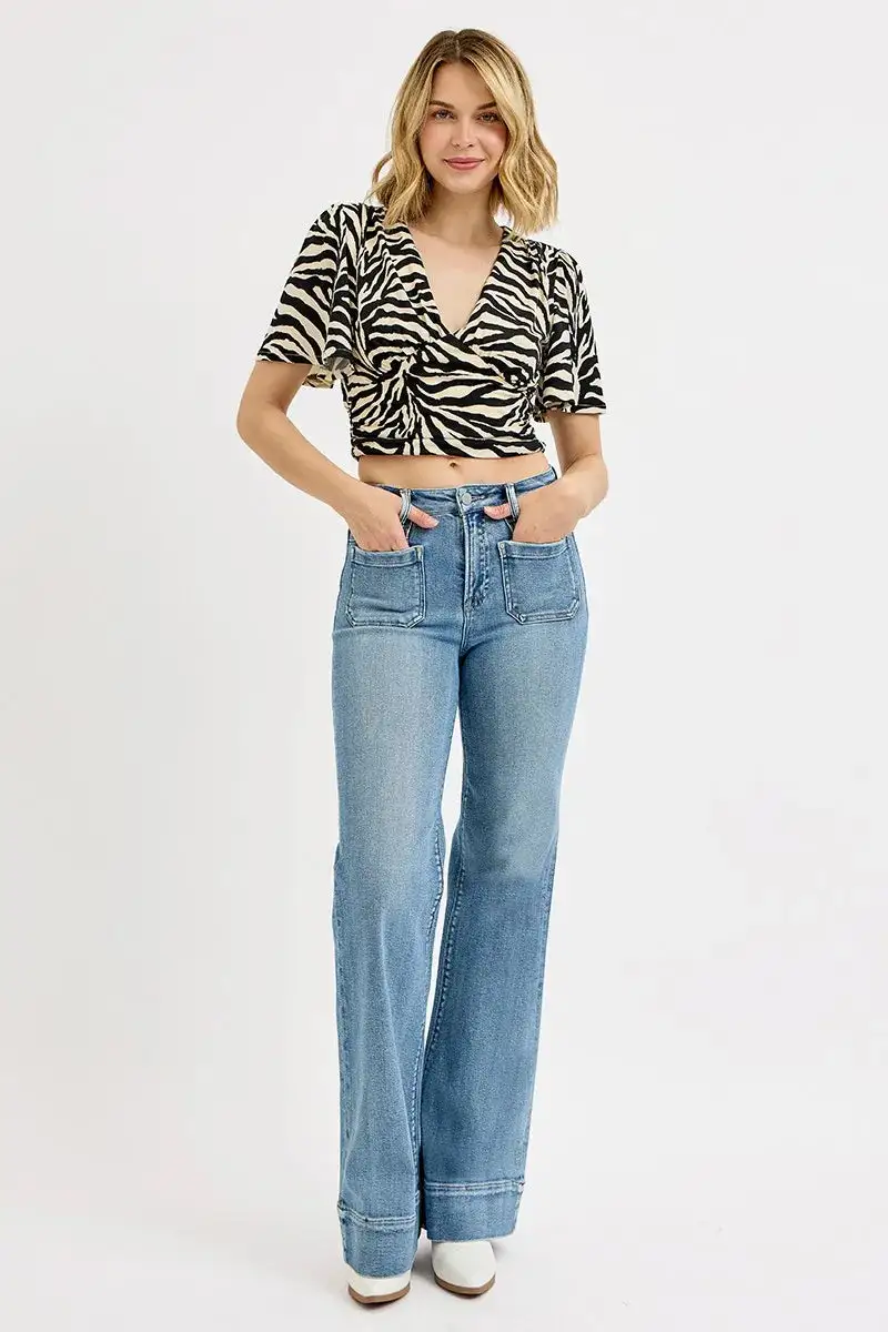 Structured High Waist Wide Leg Pocketed Denim Jeans