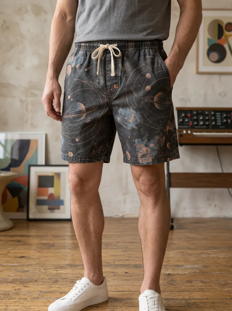 Men's Relaxed Space Astronomy Planet Drawstring Shorts