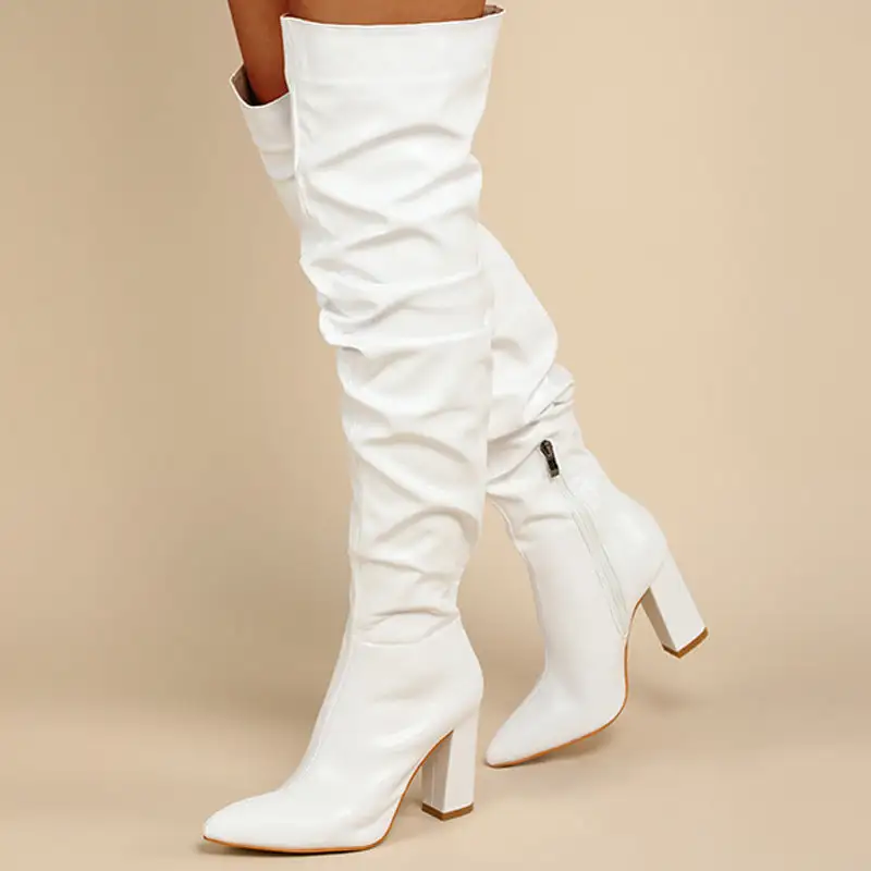 Chunky High-Heel Pleated Over-the-Knee Slouch Boots Pointed Toe