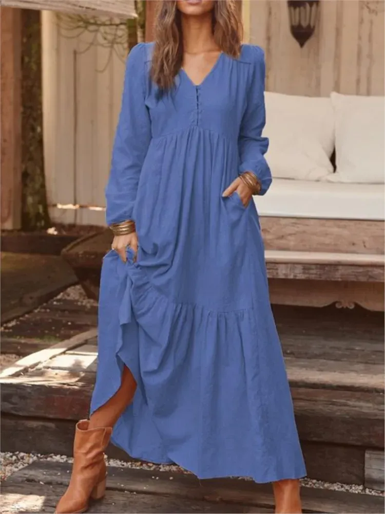 Long Sleeve Linen Blend Cotton Blend Maxi Tie Detail Dress