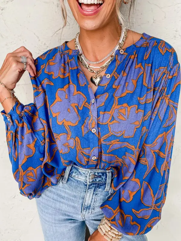 Print Batwing Sleeve Buttoned Loose Fit Shirt