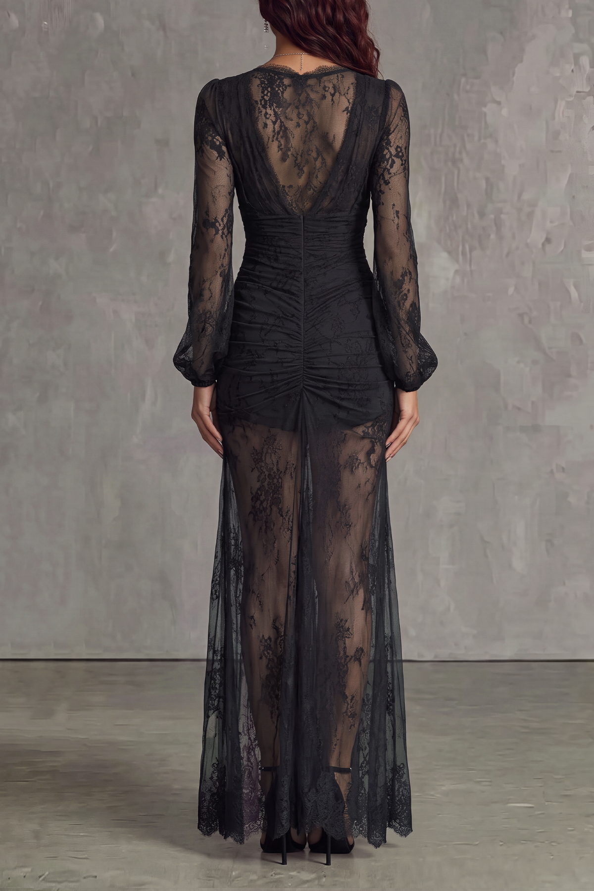 Plunge Neck Slit Lace Maxi Dress
