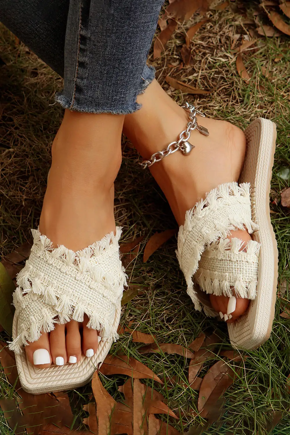Tassel Woven Crossed Straps Flat Slide Slippers