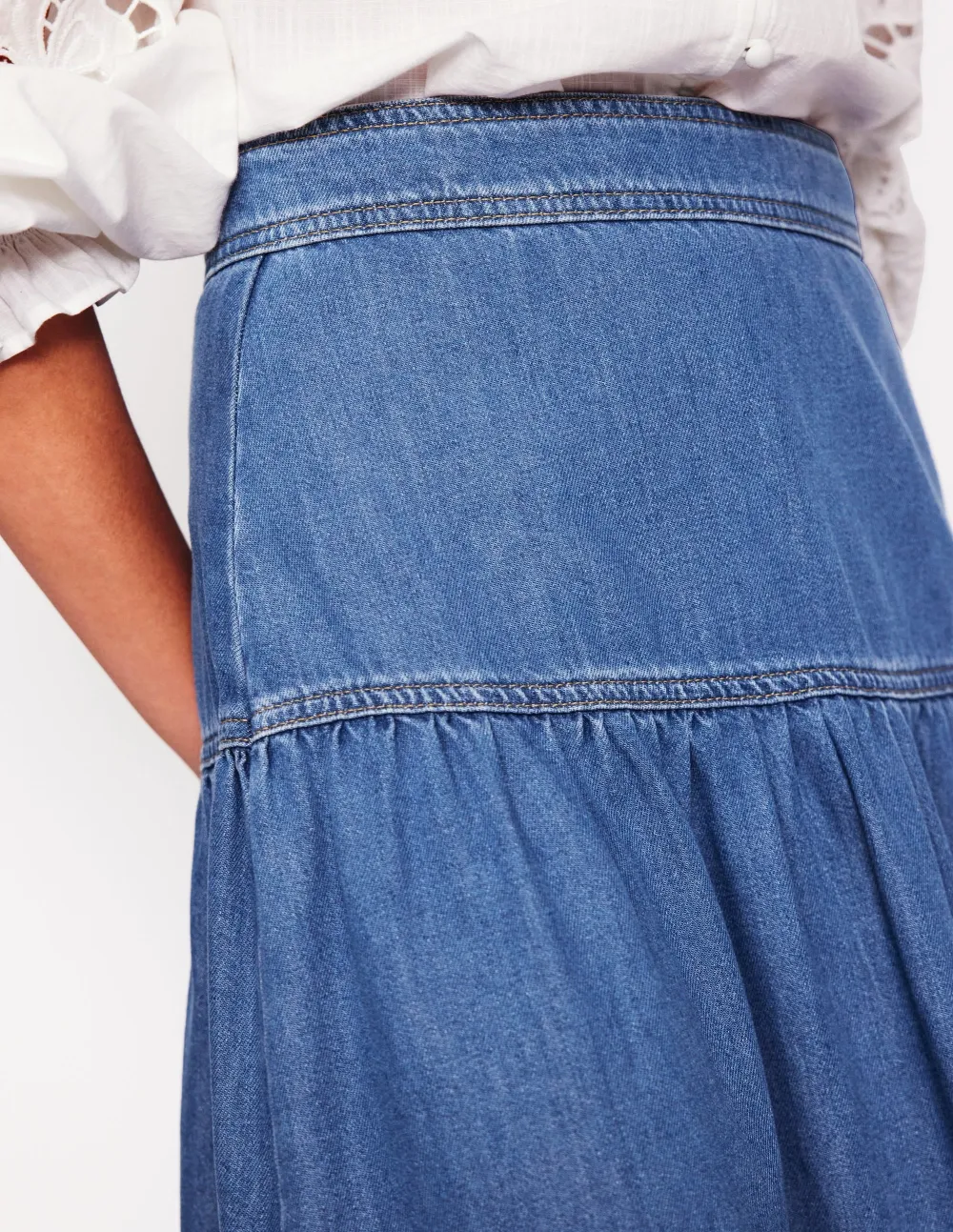 Yoke Detail Denim Midi Skirt