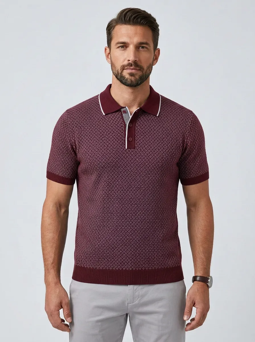 Men's Geometric Pattern Navy Blue Knitted Polo Shirt