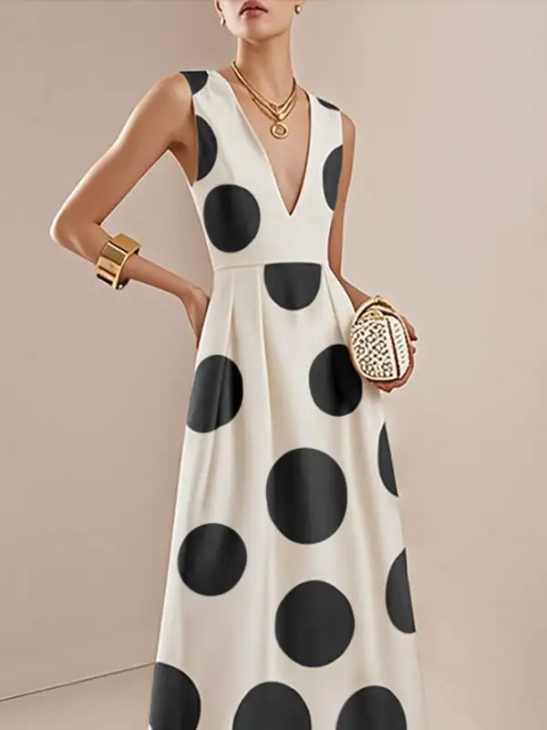 Pleated Polka Dot Neck Maxi Dress