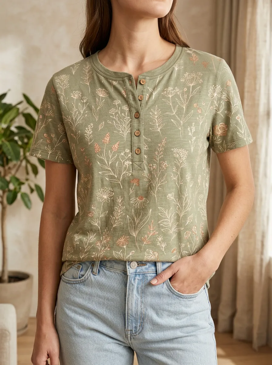 Women's Modern Botanical Nature Lover Wildflower Henley T-Shirt