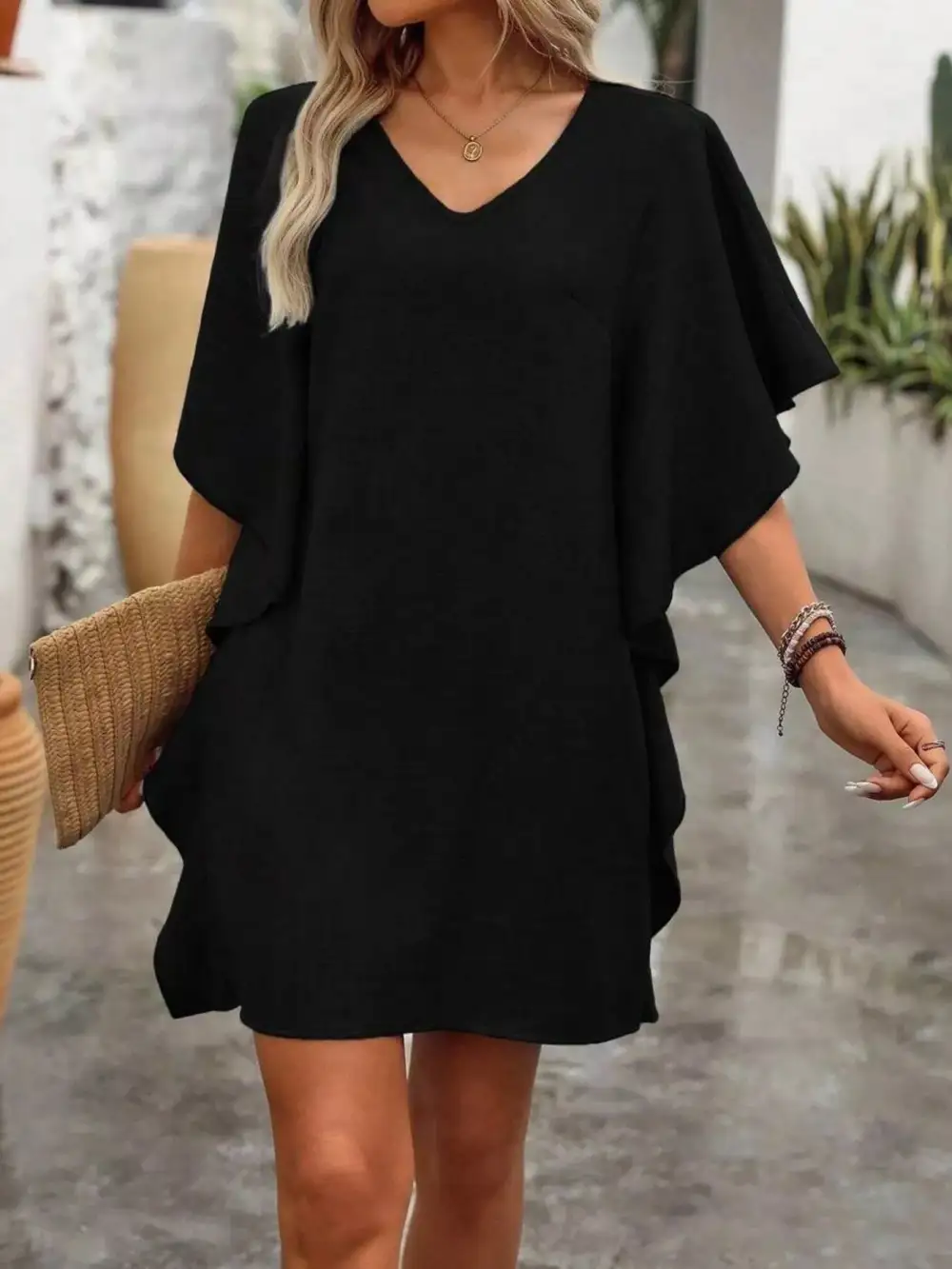V Neck Ruffle Flutter Sleeve Mini Dress