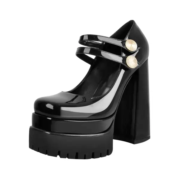Patent Finish Square Toe Platform Chunky Heel Pumps