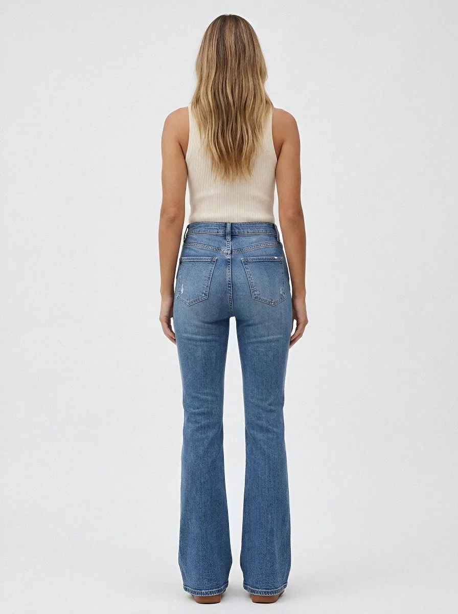 Stretch Vintage-Wash Distressed Women's High-Waist Stretch Flare Jeans