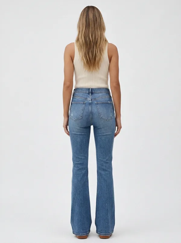 Stretch Vintage-Wash Distressed Women's High-Waist Stretch Flare Jeans