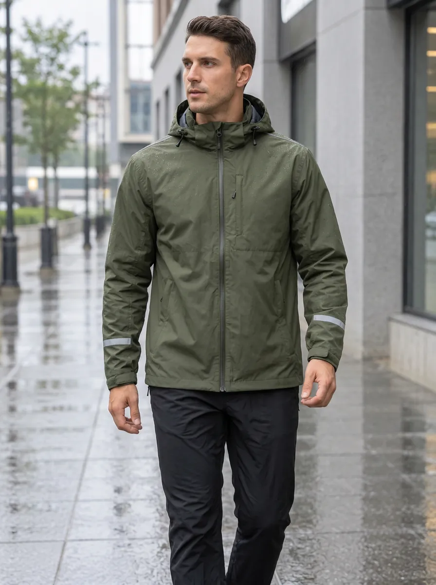 Men's Olive Green Waterproof Hooded Rain Jacket with a Hood