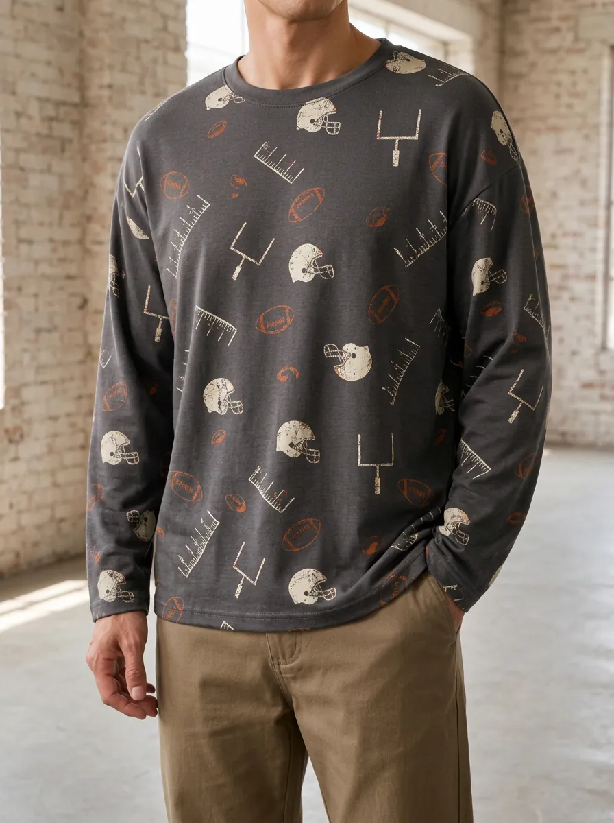 Men's American Football Lover Helmet Goal Printed Long Sleeve Top