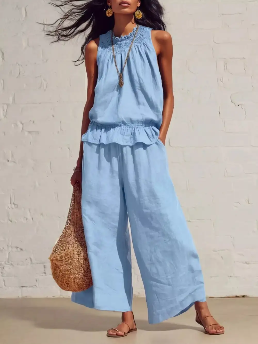 Smocked Ruffled Hem Top and Wide Leg Pants Set