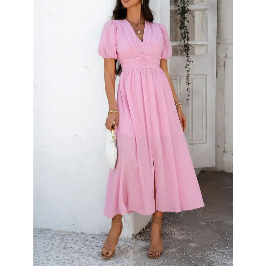 V-Neck Puff Short Sleeve Midi Dress