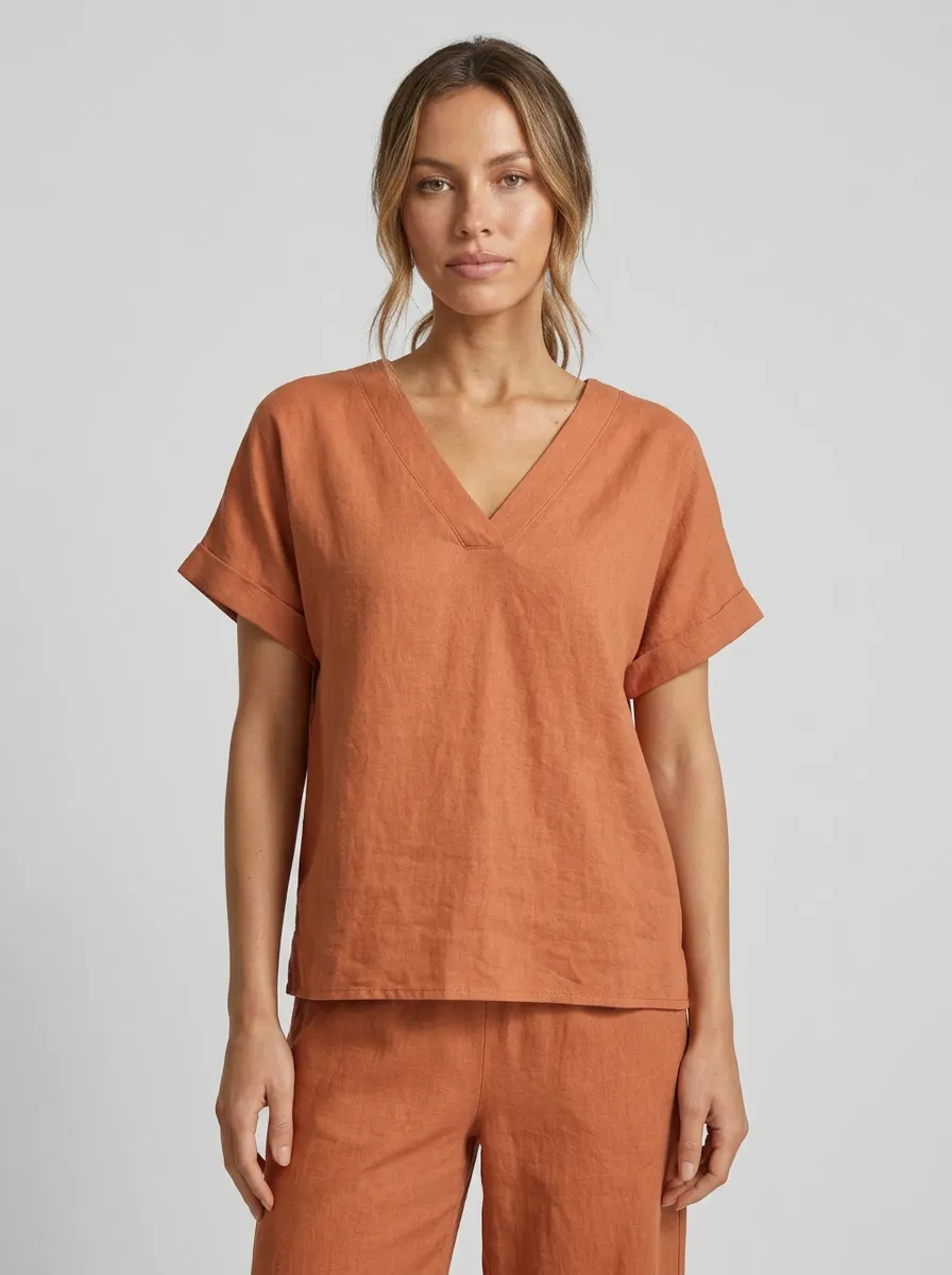 Cuffed-Sleeve Linen-Blend Women's V-Neck Shirt