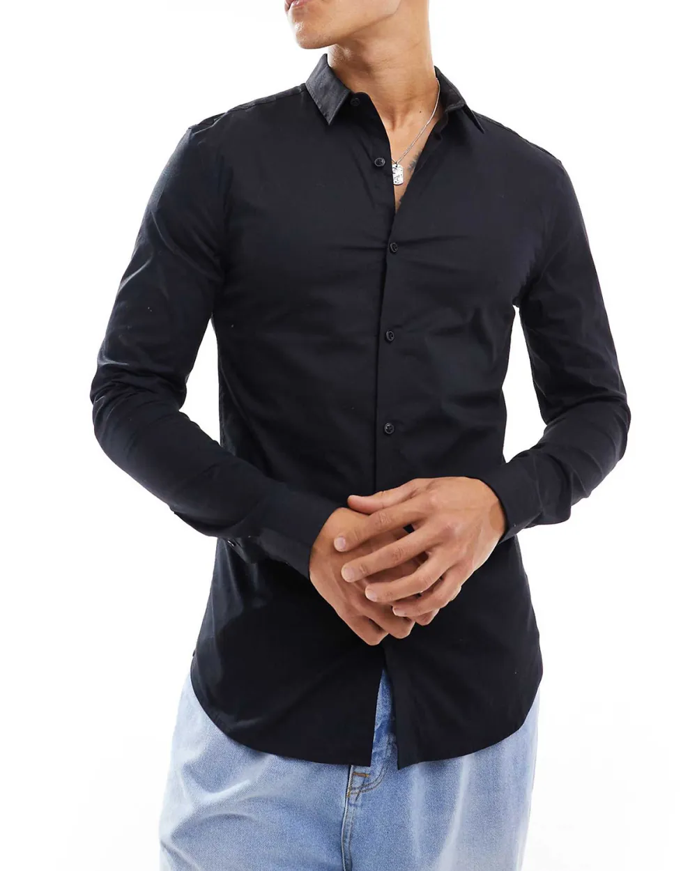 Sleeve Muscle Fit Poplin Shirt In Black
