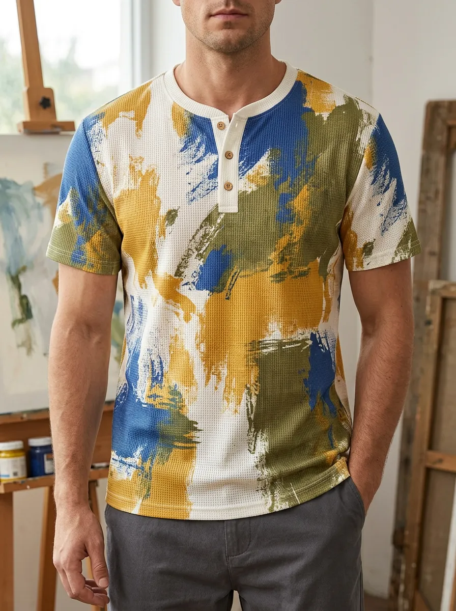 Men's Graphic Abstract Paint Stroke Waffle Henley T-Shirt