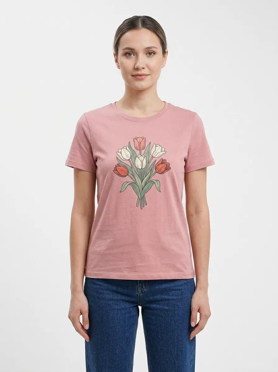 Women's Crew-Neck Graphic Rib-Trim Short-Sleeve T-Shirt