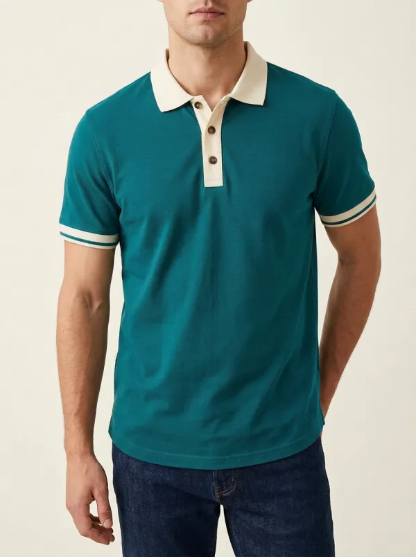 Men's Green Contrast Collar Striped Cuff Polo Shirt