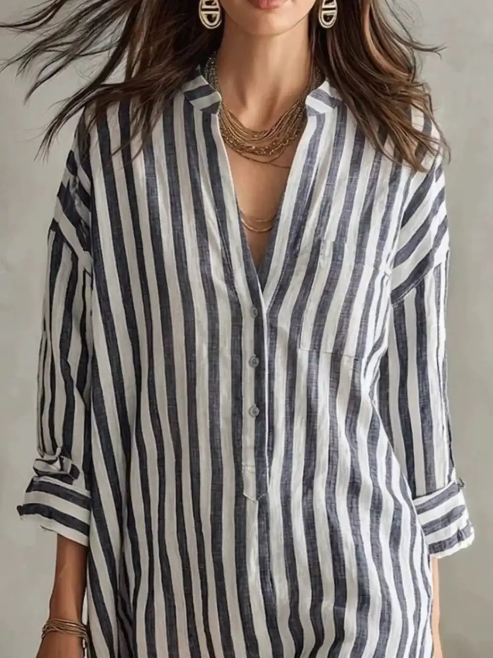 Striped Three-Quarter Sleeve Shirt Dress