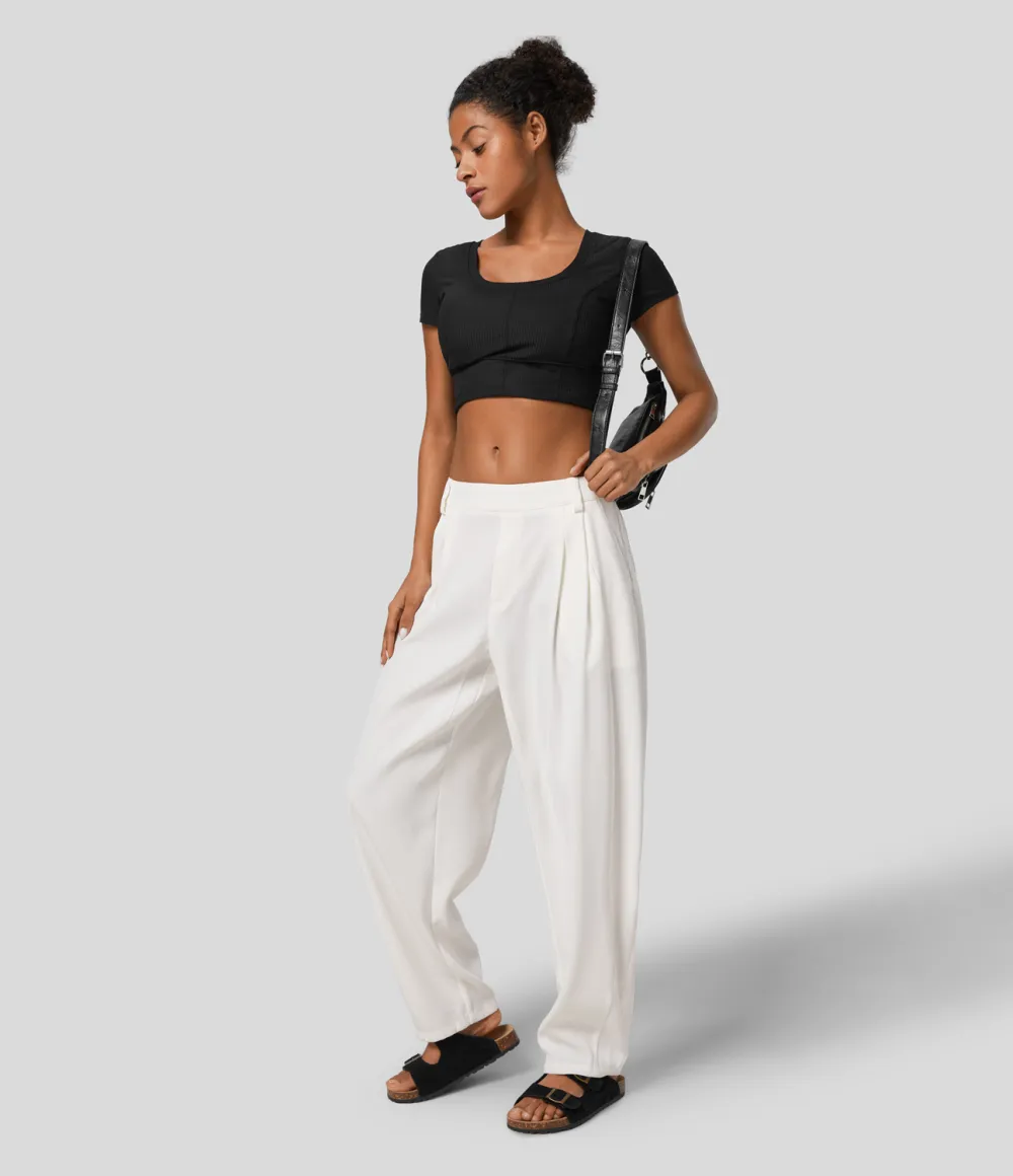 Mid Rise Plicated Side Pocket Barrel Leg Work Pants