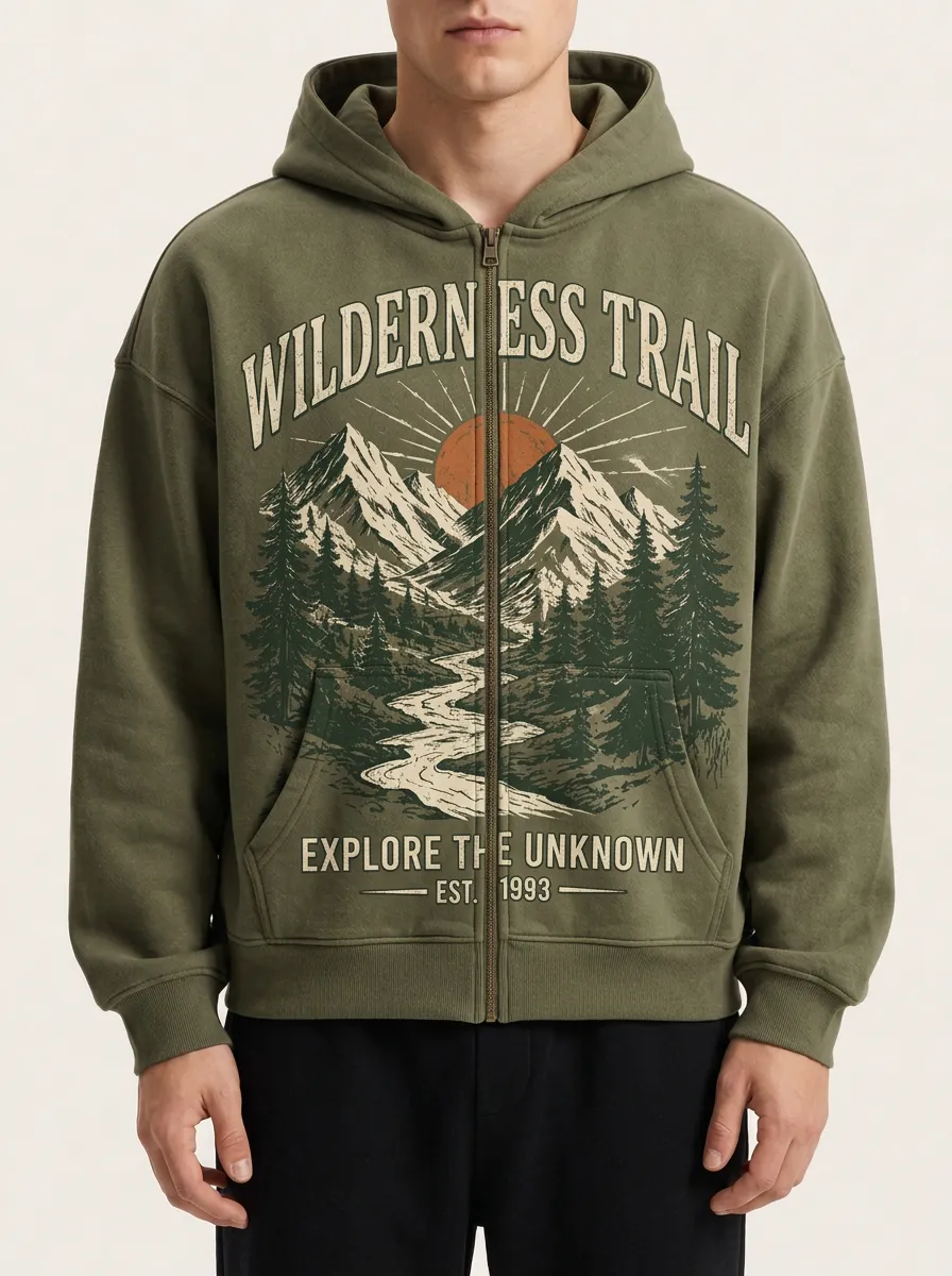 Men's Wilderness Trail Mountain Forest Printed Zip Up Hoodie