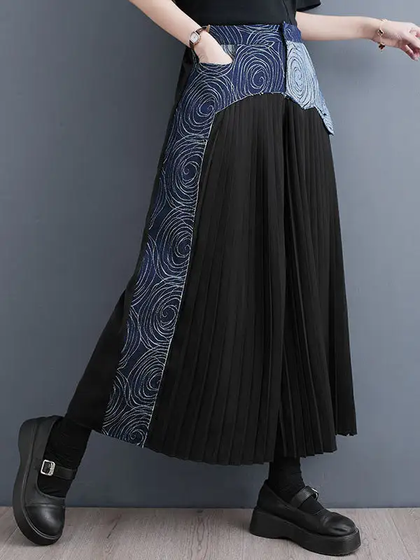 Women's High Waist Pleated Patchwork Wide Leg Pants