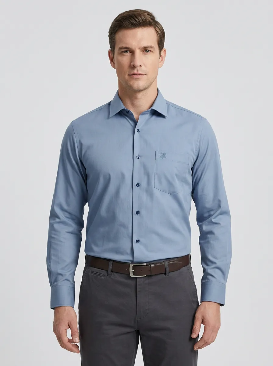 Men's Non-Iron Cotton Solid Blue Embroidered Pocket Shirt