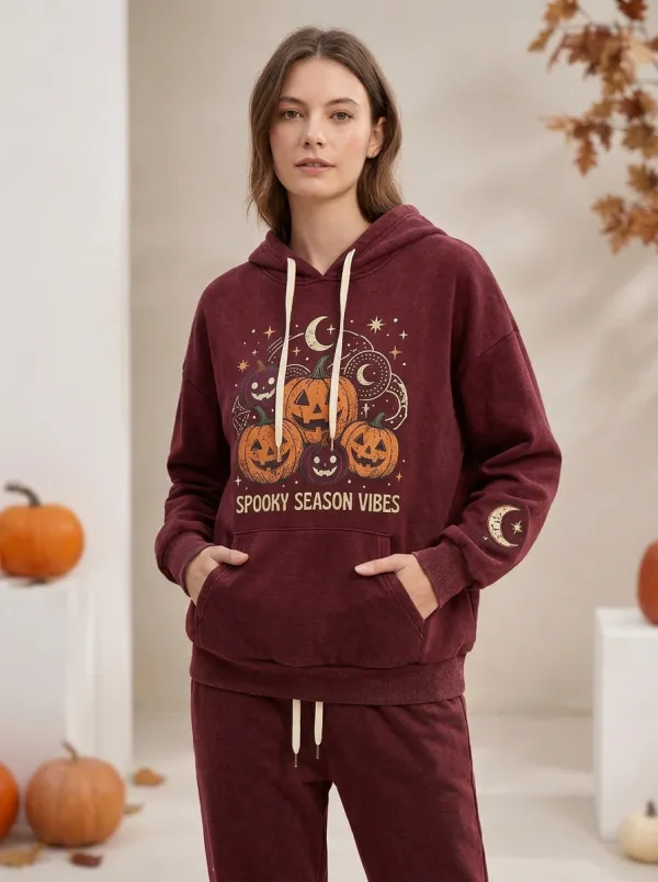 Women's Halloween Charcoal Spooky Season Pumpkin Moon Kangaroo-Pocket Hoodie Jogger Set