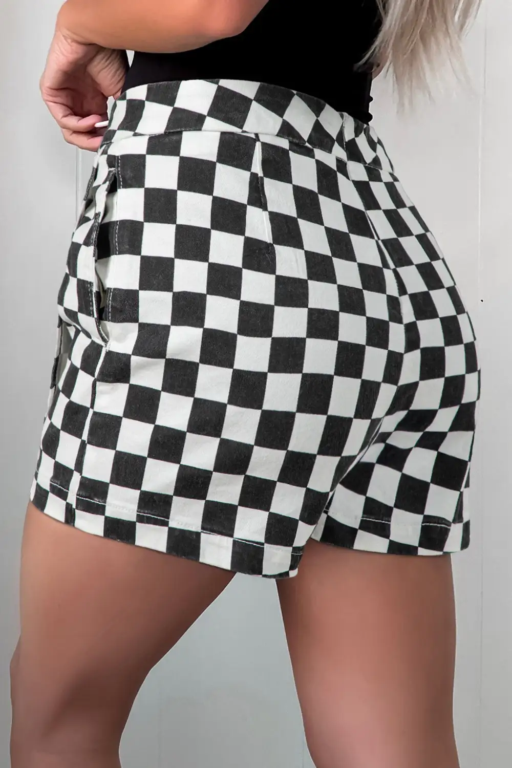 Overlap Checkered Denim Shorts