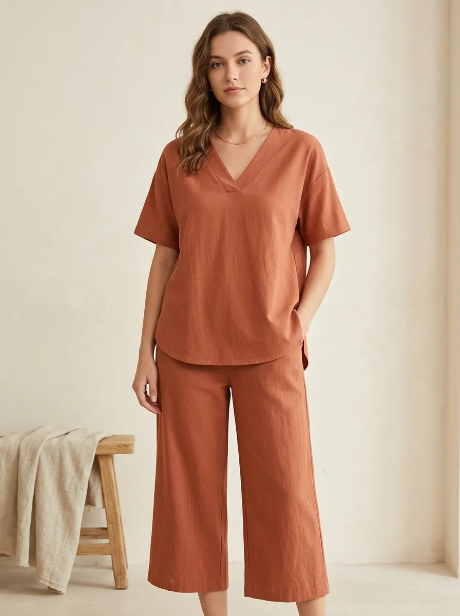 Trimmed Minimalist Women's V-Neck Casual Lounge Set