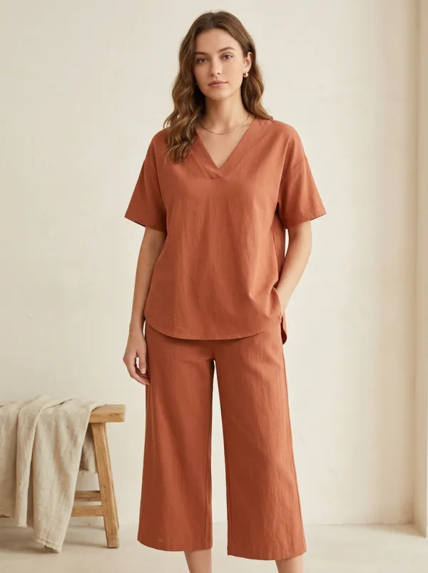 Trimmed Minimalist Women's V-Neck Casual Lounge Set