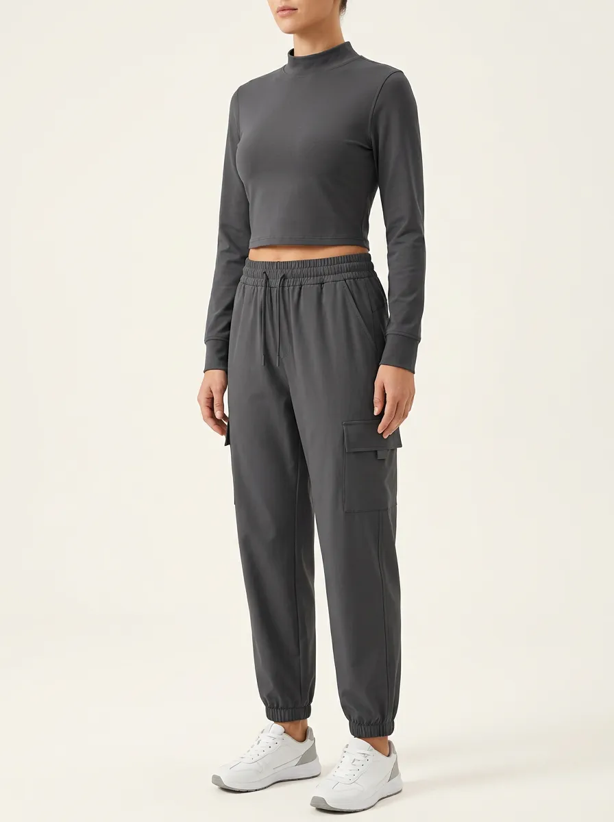 Women's Mock-Neck Fitted Crop Top and Cargo Jogger Set