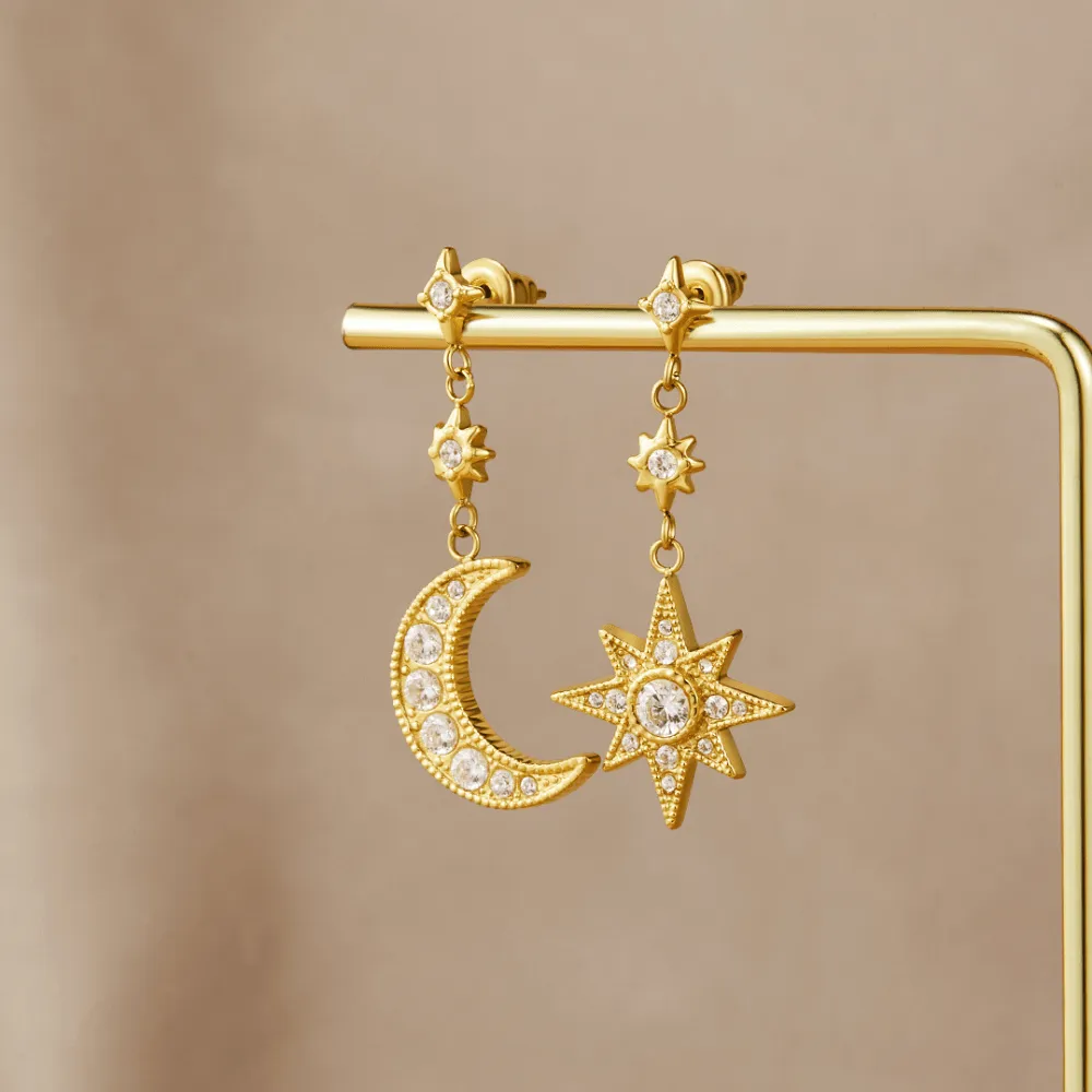 Cubic Zirconia Crystal Moon and Star Earrings