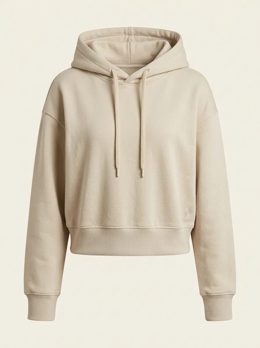 Women's Minimalist Sun Embroidery Solid Beige Printed Hoodie