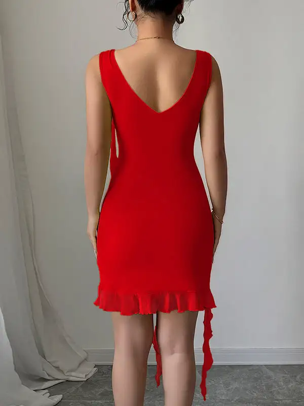 Pleated Solid Color Bodycon High Waisted V Neck Mini Dress