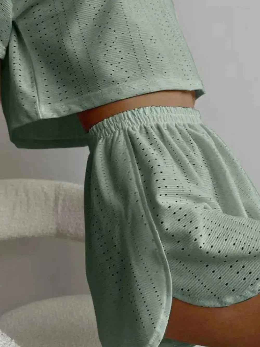 Pull On Eyelet Round Neck Top and Shorts Set