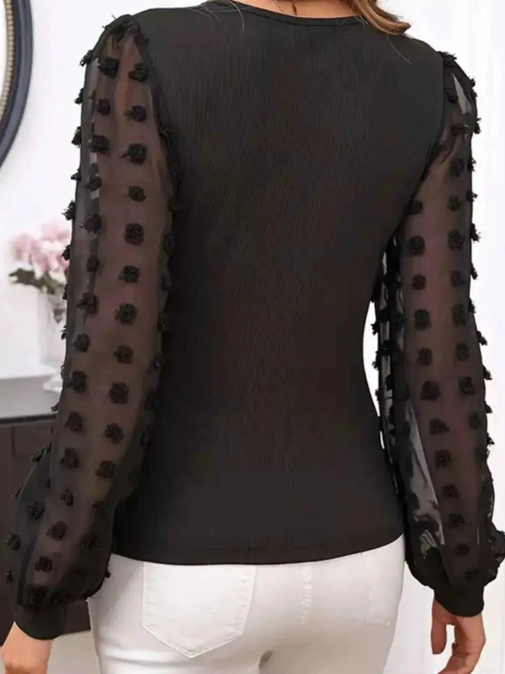 Mesh Sleeve Ribbed V-Neck Top