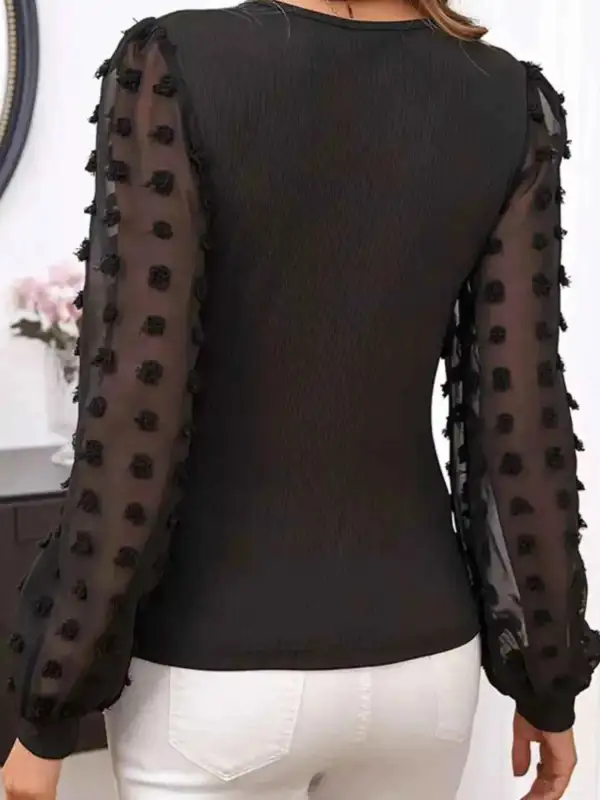 Mesh Sleeve Ribbed V-Neck Top