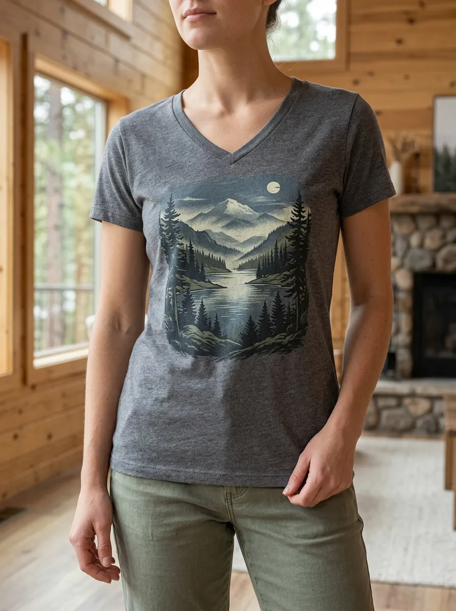 Women's Scenic Nature Lover Mountain Lake Forest V-Neck T-Shirt