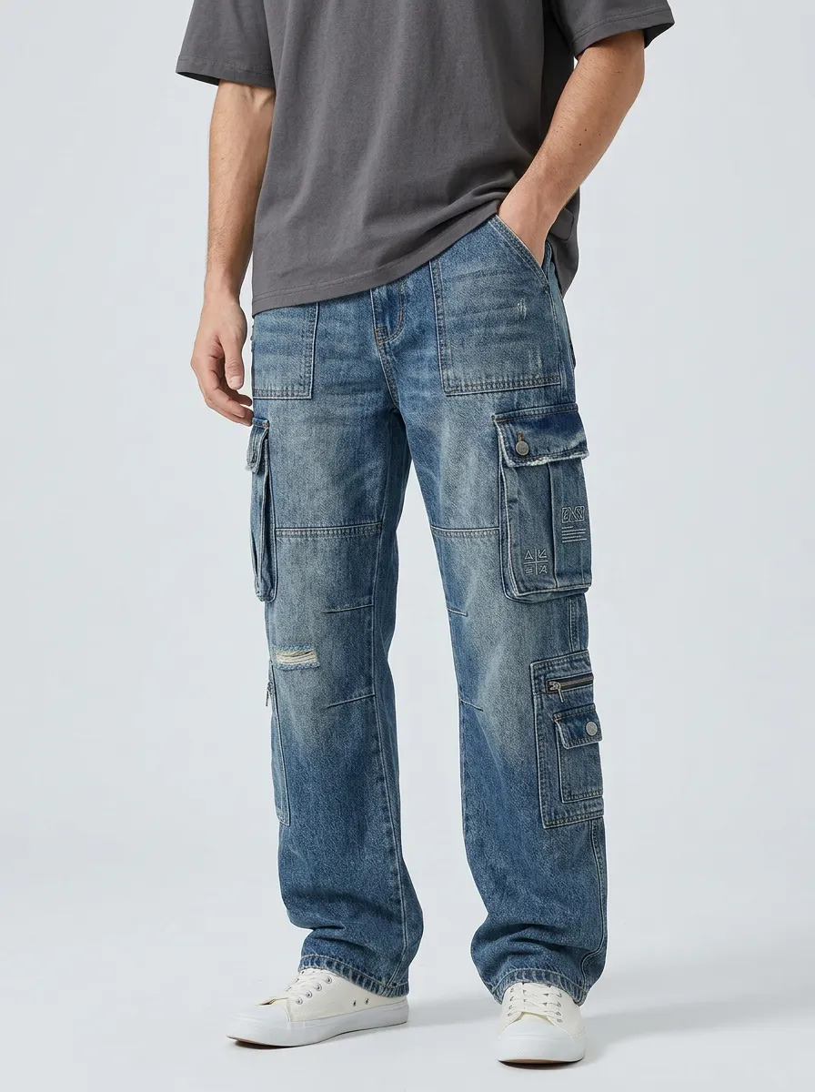 Men's Blue Distressed Multi-Pocket Cargo Zip Utility Pocket Cargo Pants