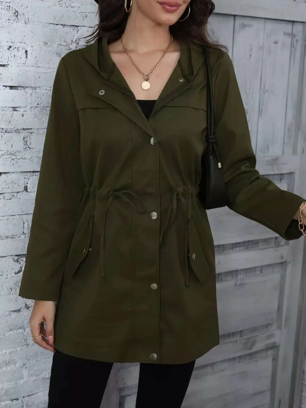 Hooded Drawstring Waist Casual Outerwear