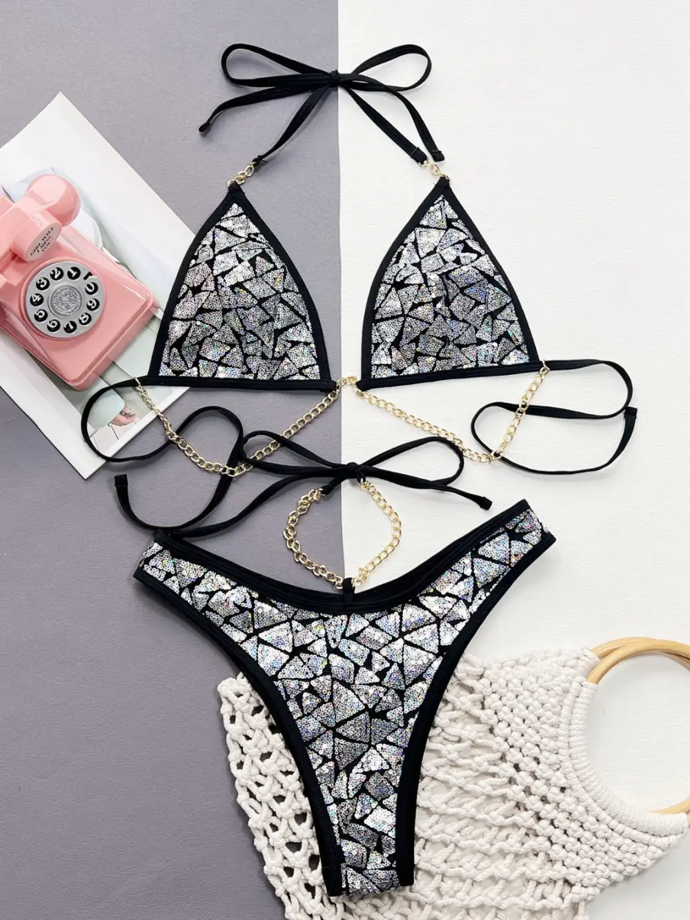 Sequin Halter Neck Coordinated Bikini Swim Set