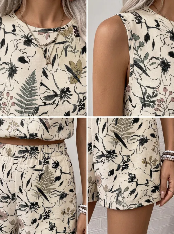 Women's Botanical Floral Fern Printed Sleeveless Short Set